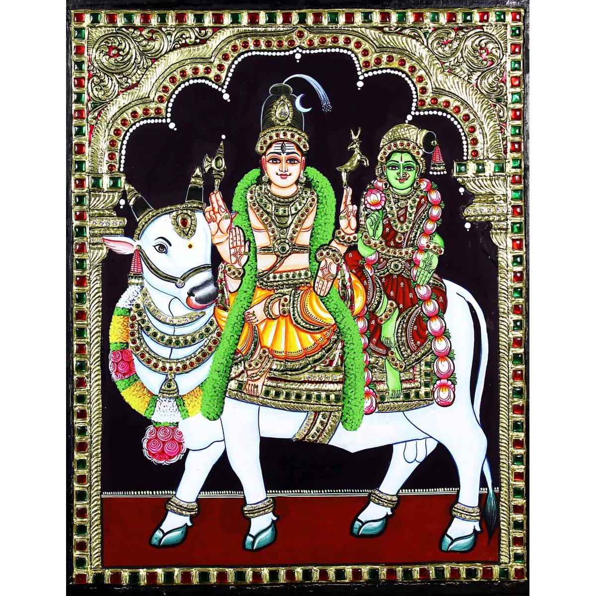 TANJORE PAINTING SHIVA PARVATHI ON NANDHI